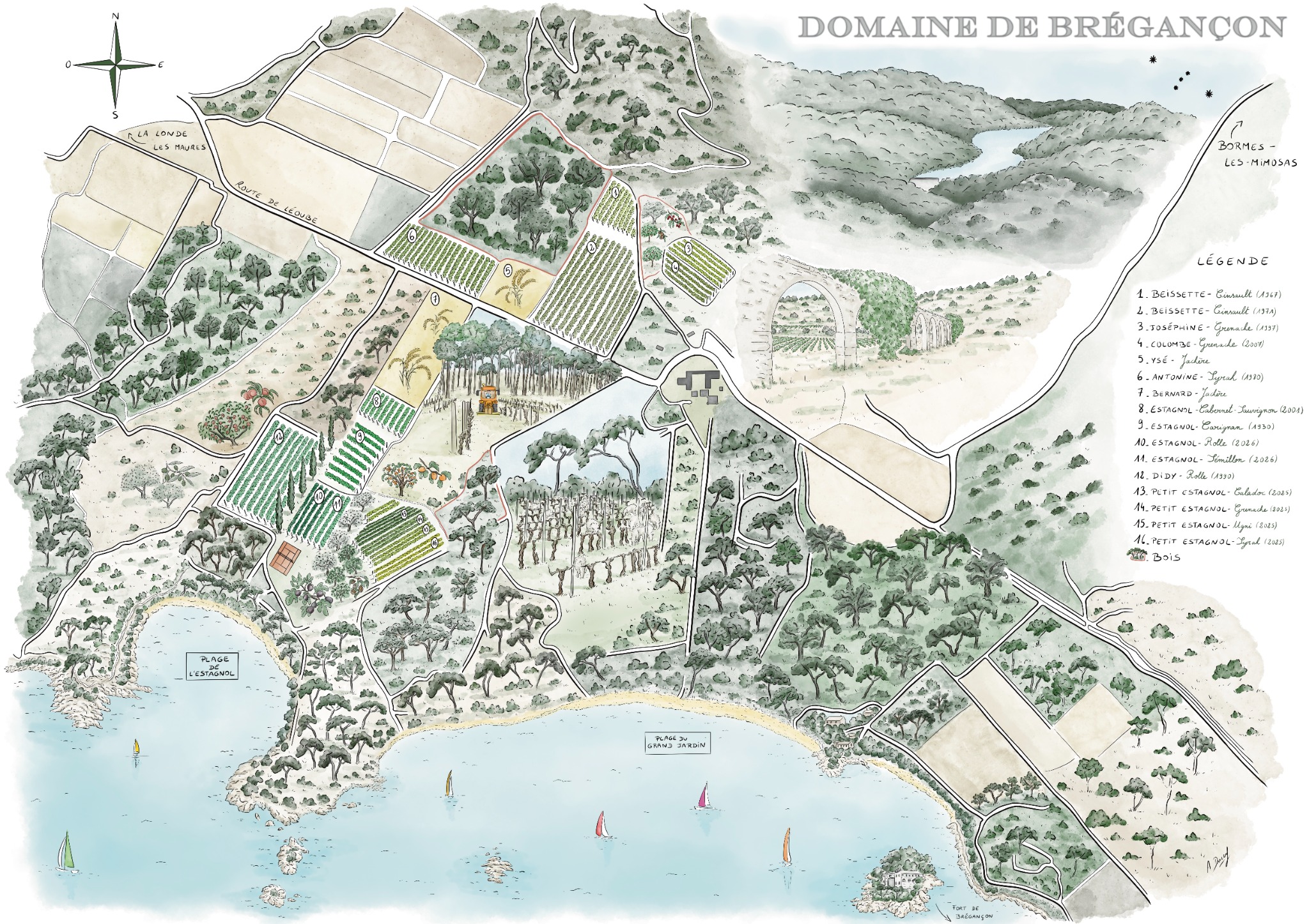 Carte illustrée détaillée du Domaine de Brégançon, de ses parcelles et du littoral